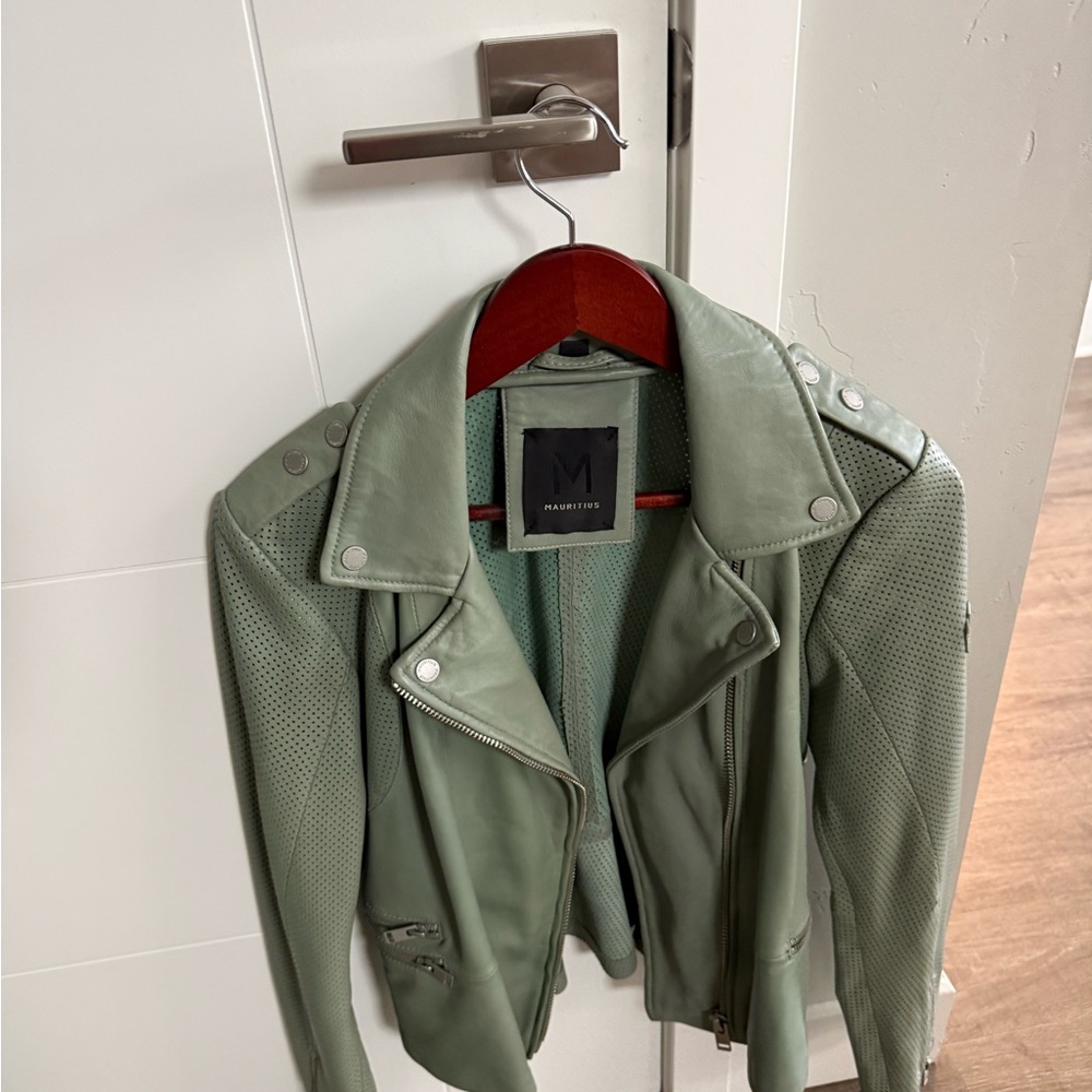 MAURITIUS Mint Green Perforated Leather Moto Jacket 100% lamb leather nwot